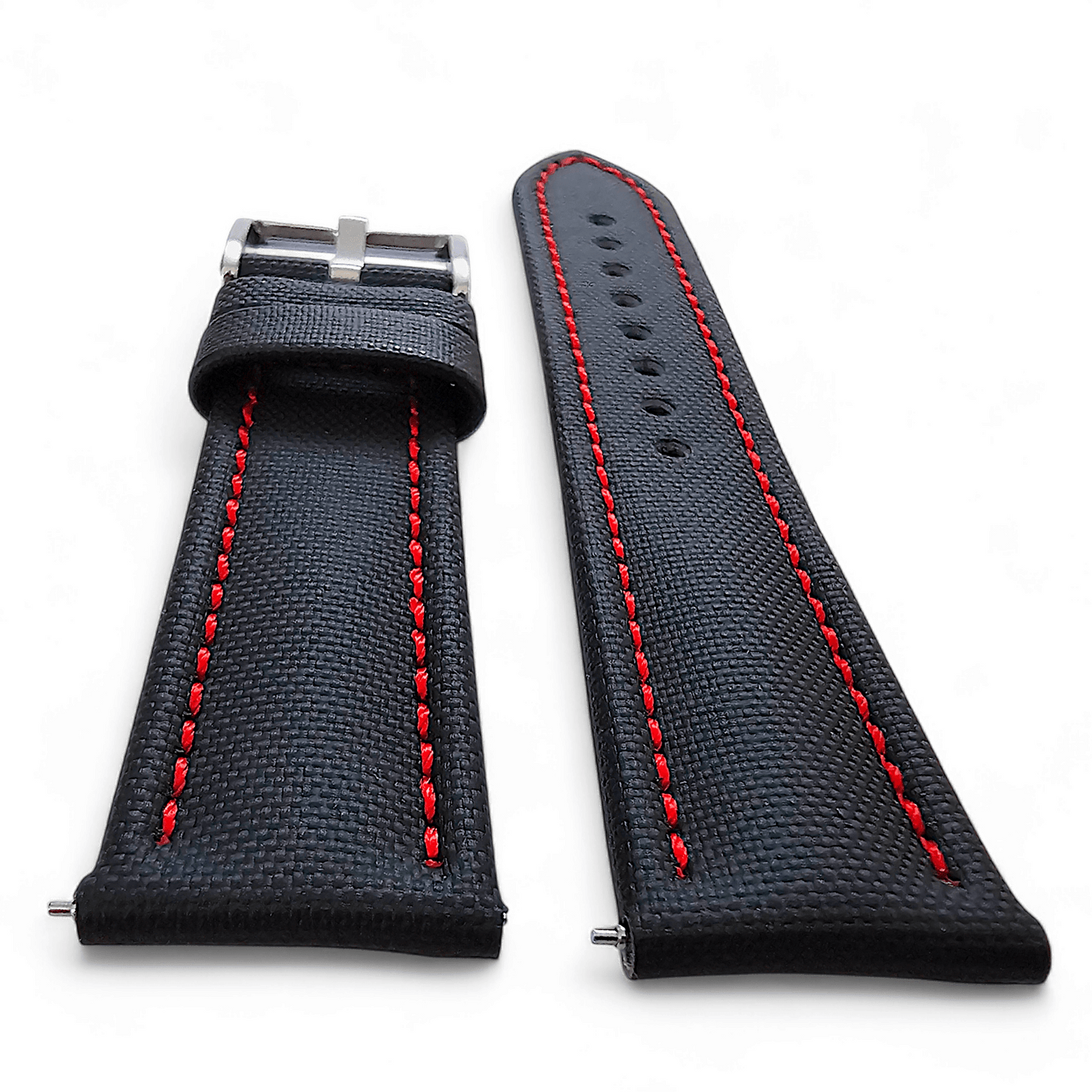 Sailcloth Watch Strap 20mm 22mm Black Red Stitch - Wrist Envy