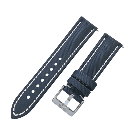 Sailcloth Watch Strap 20mm 22mm Navy Blue White Stitching - Wrist Envy