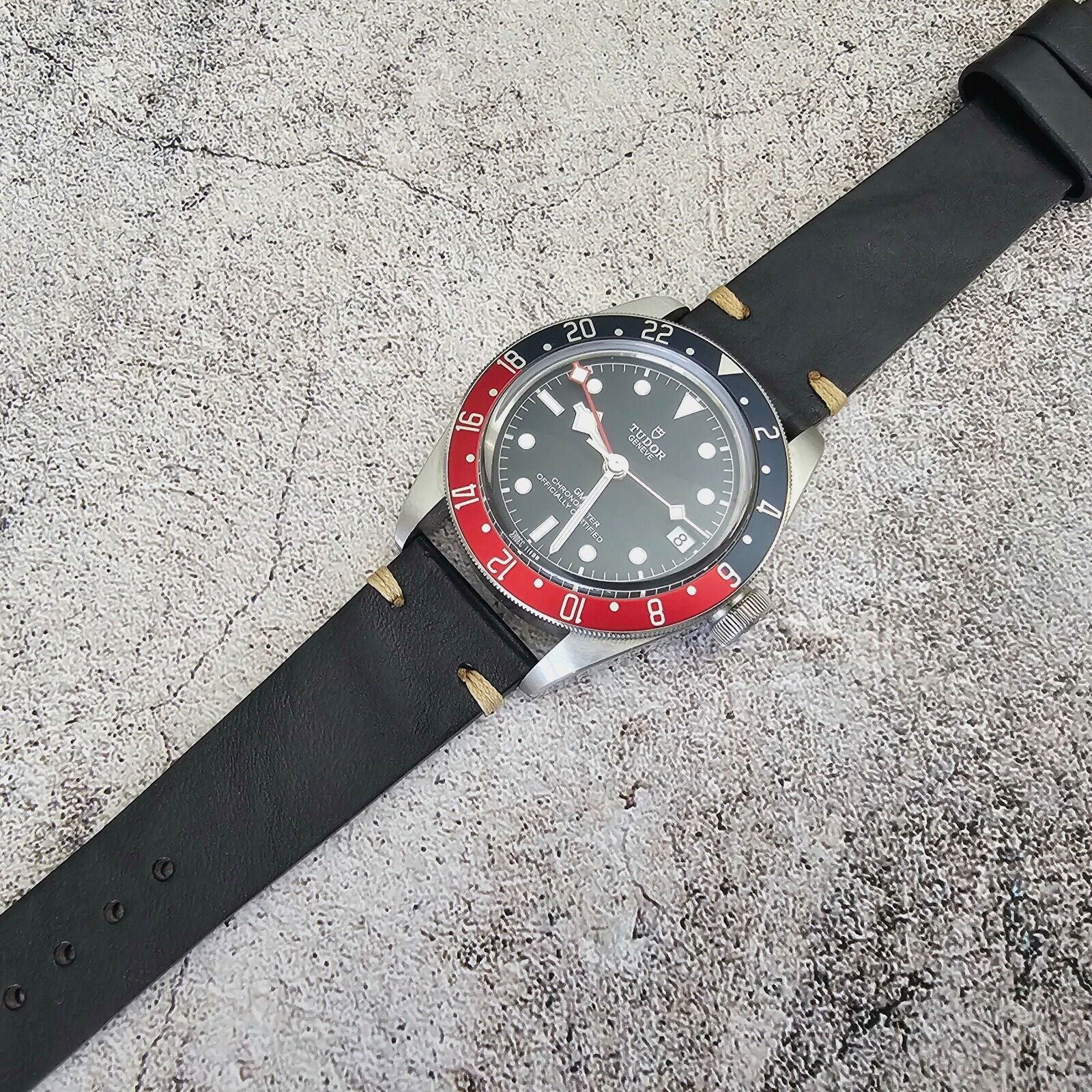 Simple Handmade Italian Leather Watch Strap Black Mens 20mm 22mm - Wrist Envy