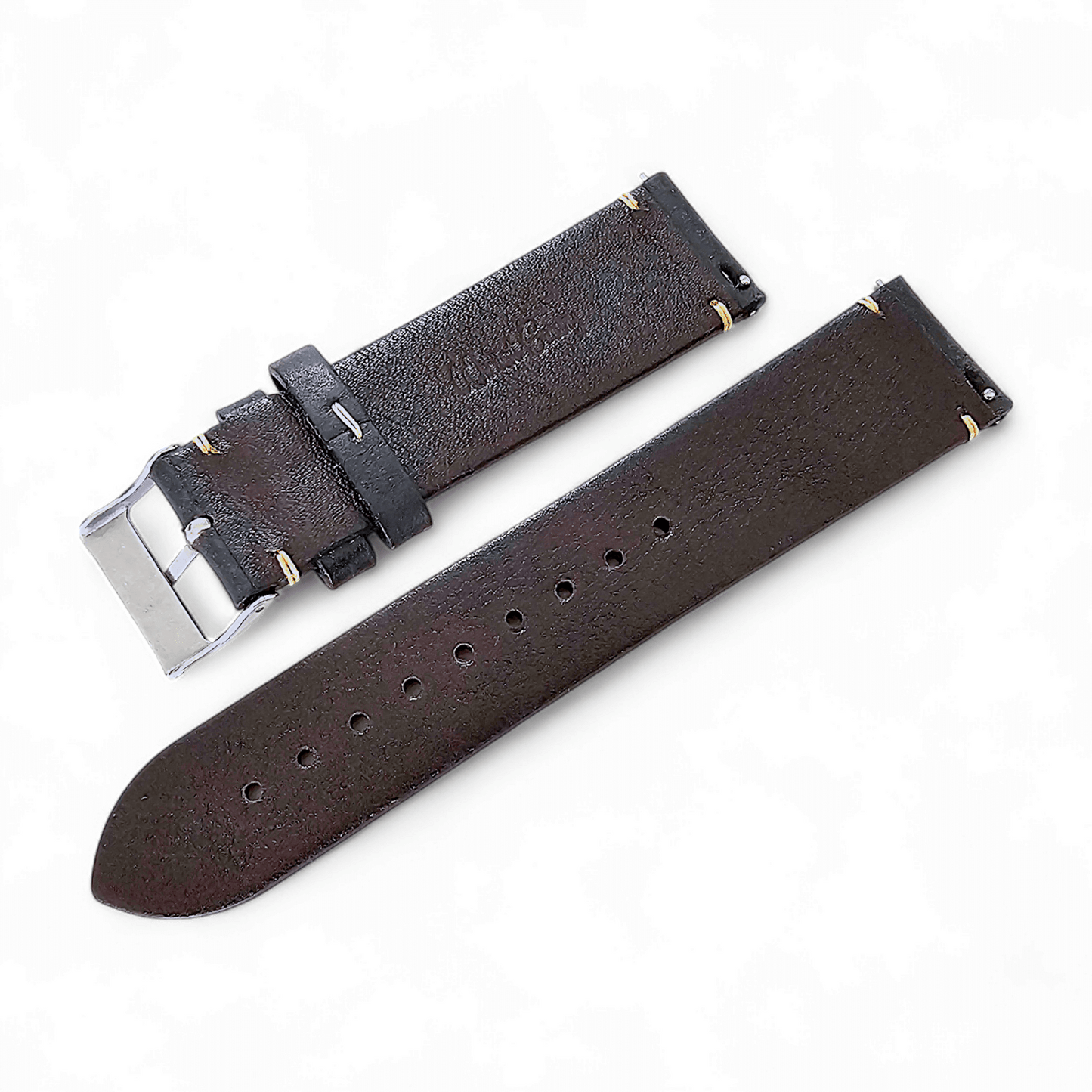 Vegetable Tanned Flat Italian Leather Watch Strap 20mm 22mm Washed Black - Wrist Envy