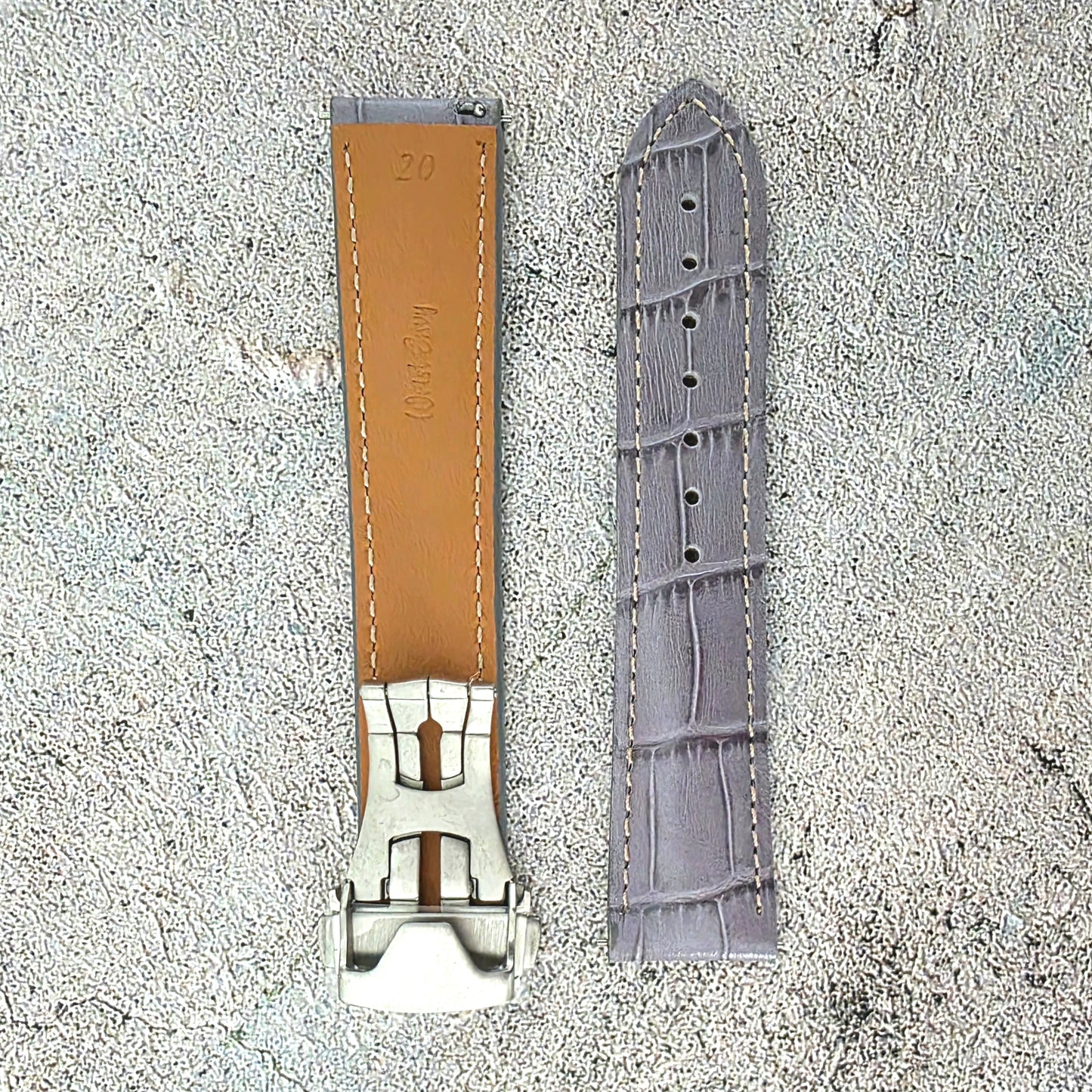 Crocodile Embossed Leather Deployant Strap - Custom Made to Order (Grey)