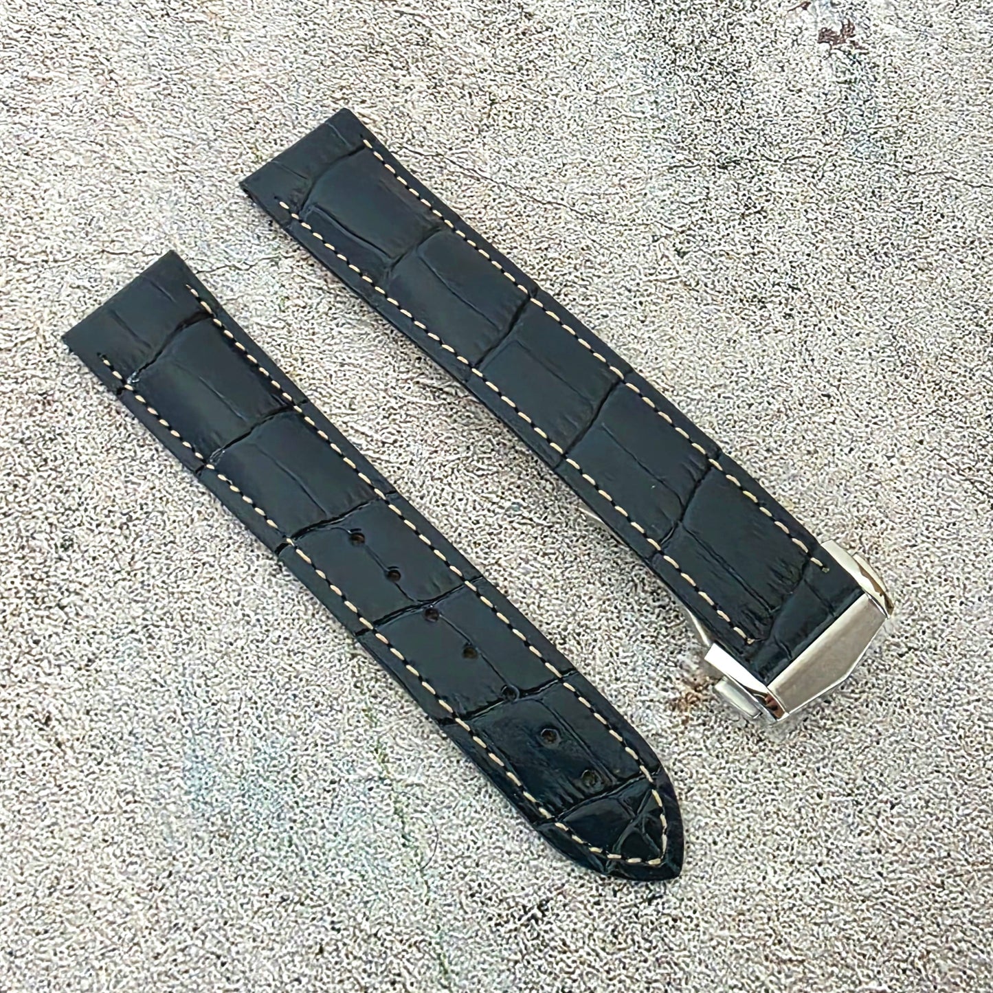 Crocodile Embossed Leather Deployant Strap - Custom Made to Order (Navy)