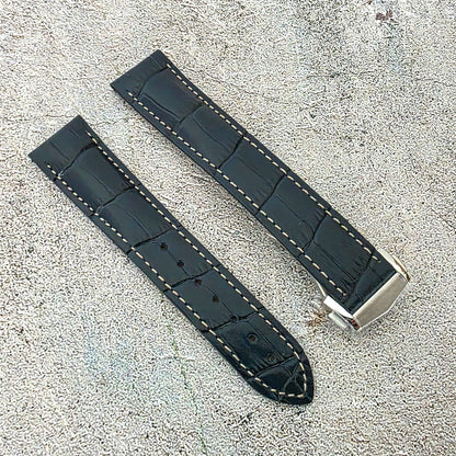 Crocodile Embossed Leather Deployant Strap - Custom Made to Order (Navy)