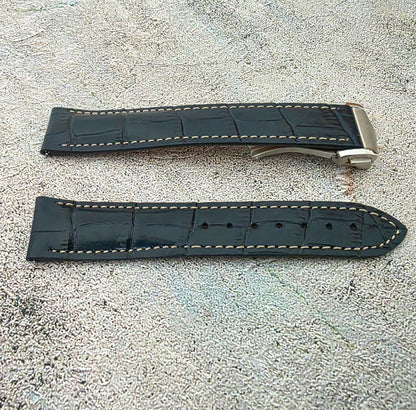 Crocodile Embossed Leather Deployant Strap - Custom Made to Order (Navy)