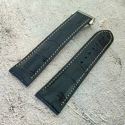 Crocodile Embossed Leather Deployant Strap - Custom Made to Order (Navy)