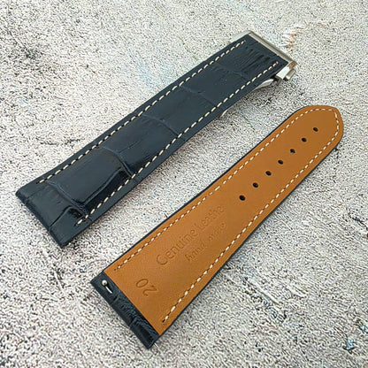 Crocodile Embossed Leather Deployant Strap - Custom Made to Order (Navy)
