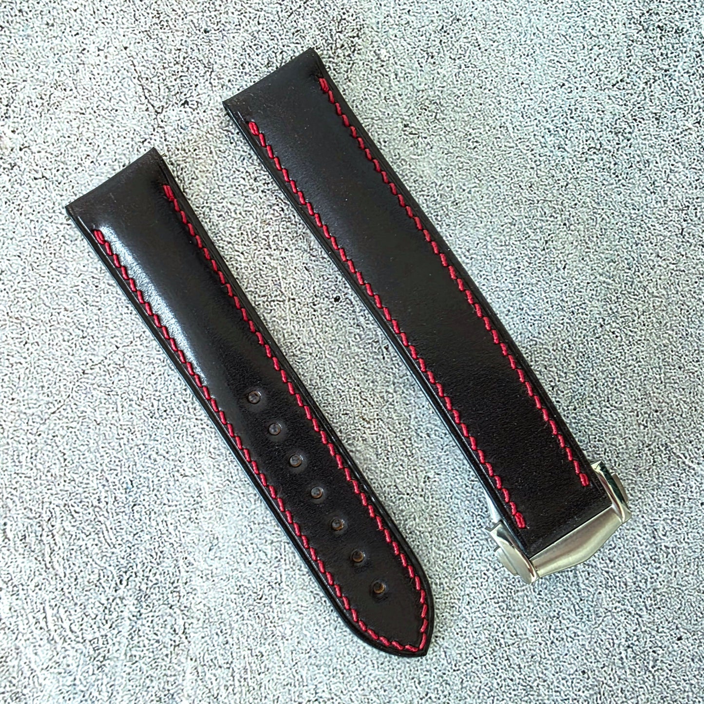 Shell Cordovan Hand Stitched Deployant Leather Strap 20mm Black Red