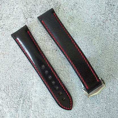 Shell Cordovan Hand Stitched Deployant Leather Strap 20mm Black Red