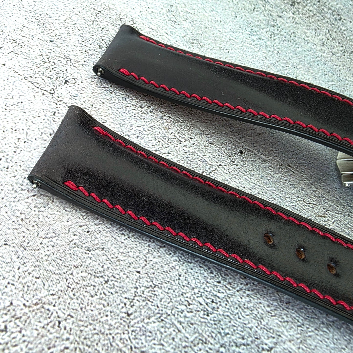 Shell Cordovan Hand Stitched Deployant Leather Strap 20mm Black Red