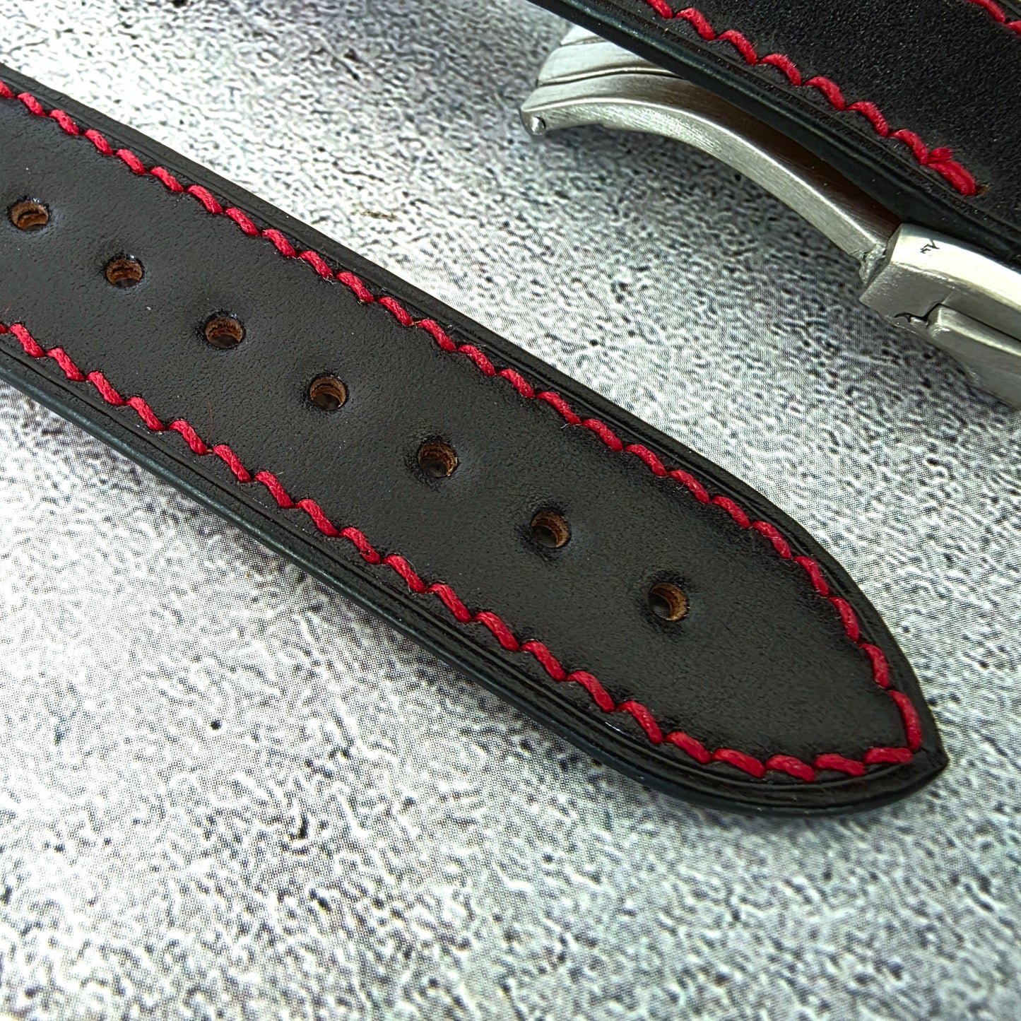 Shell Cordovan Hand Stitched Deployant Leather Strap 20mm Black Red