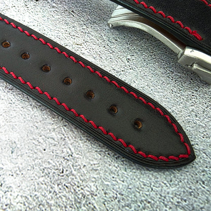 Shell Cordovan Hand Stitched Deployant Leather Strap 20mm Black Red