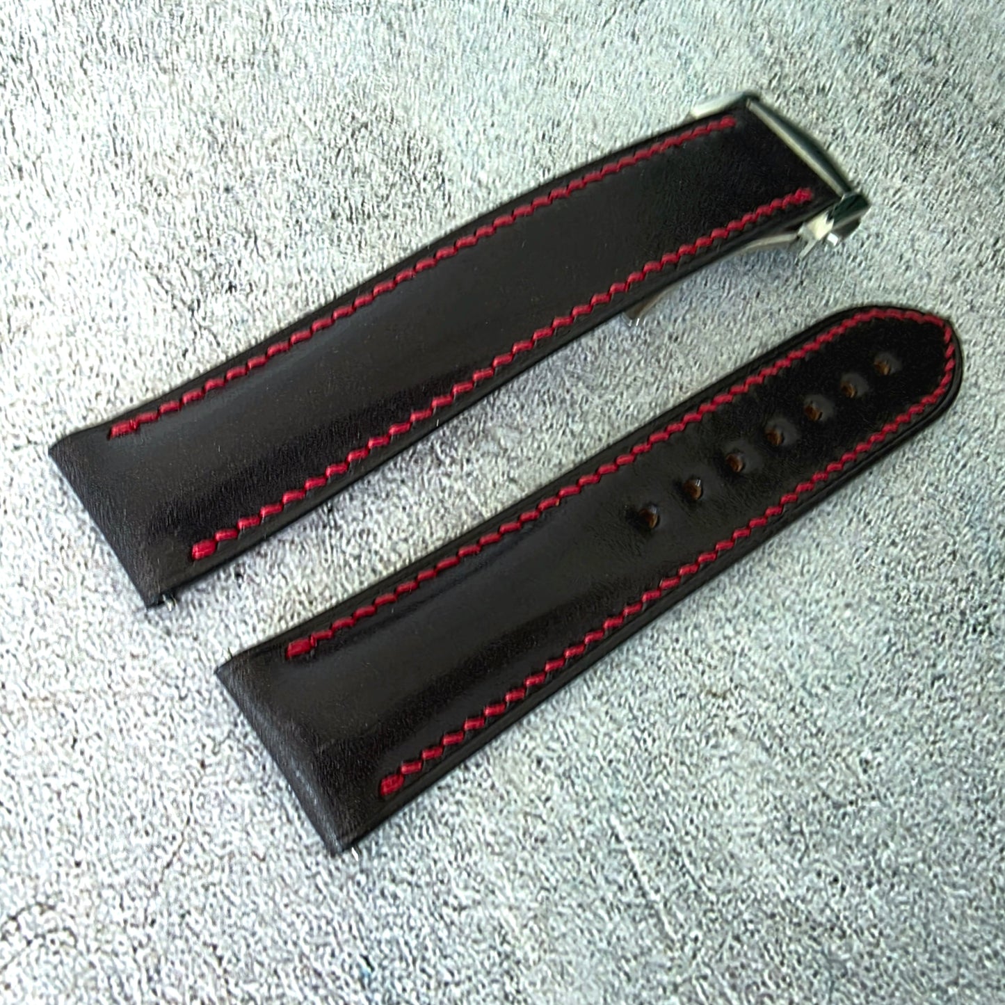 Shell Cordovan Hand Stitched Deployant Leather Strap 20mm Black Red