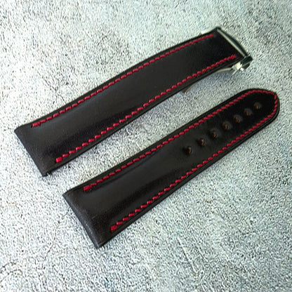 Shell Cordovan Hand Stitched Deployant Leather Strap 20mm Black Red