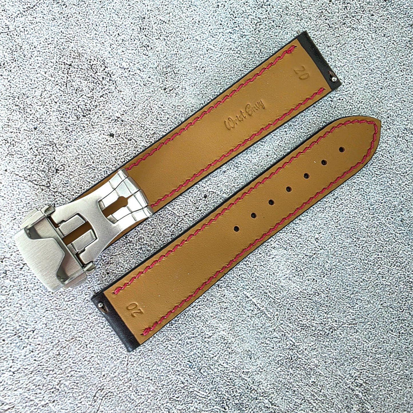 Shell Cordovan Hand Stitched Deployant Leather Strap 20mm Black Red