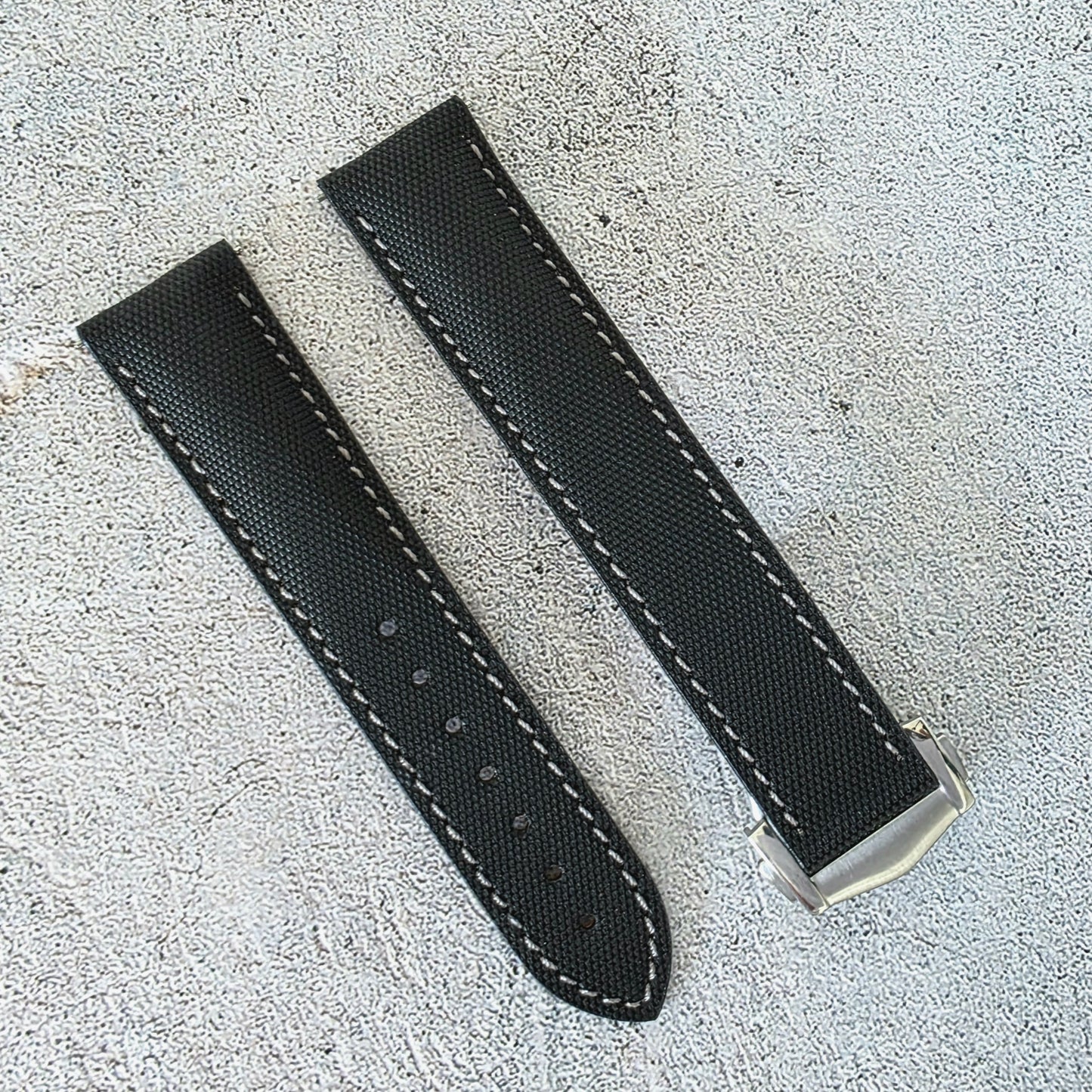Sailcloth Deployant Watch Strap Band 20mm Black with Grey Stitching