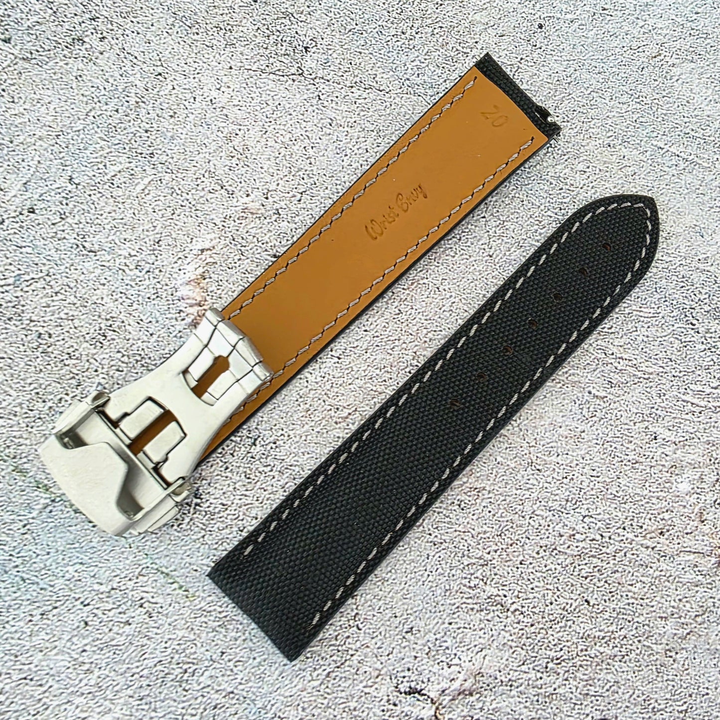 Sailcloth Deployant Watch Strap Band 20mm Black with Grey Stitching