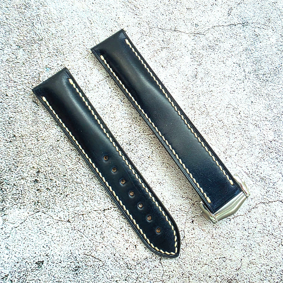 Shell Cordovan Hand Stitched Deployant Leather Strap 20mm Dark Blue
