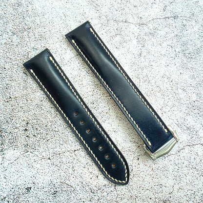 Shell Cordovan Hand Stitched Deployant Leather Strap 20mm Dark Blue