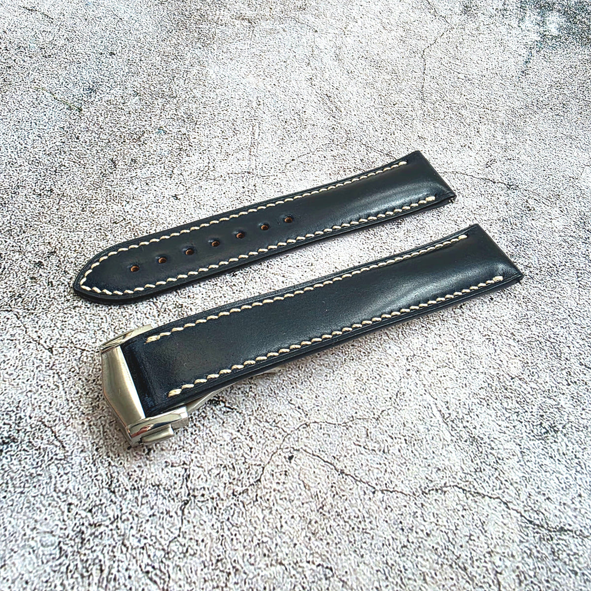 Shell Cordovan Hand Stitched Deployant Leather Strap 20mm Dark Blue