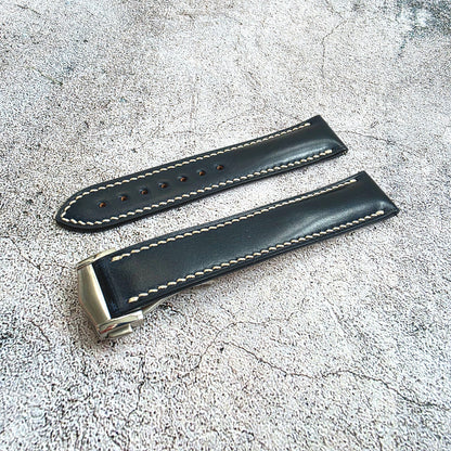 Shell Cordovan Hand Stitched Deployant Leather Strap 20mm Dark Blue