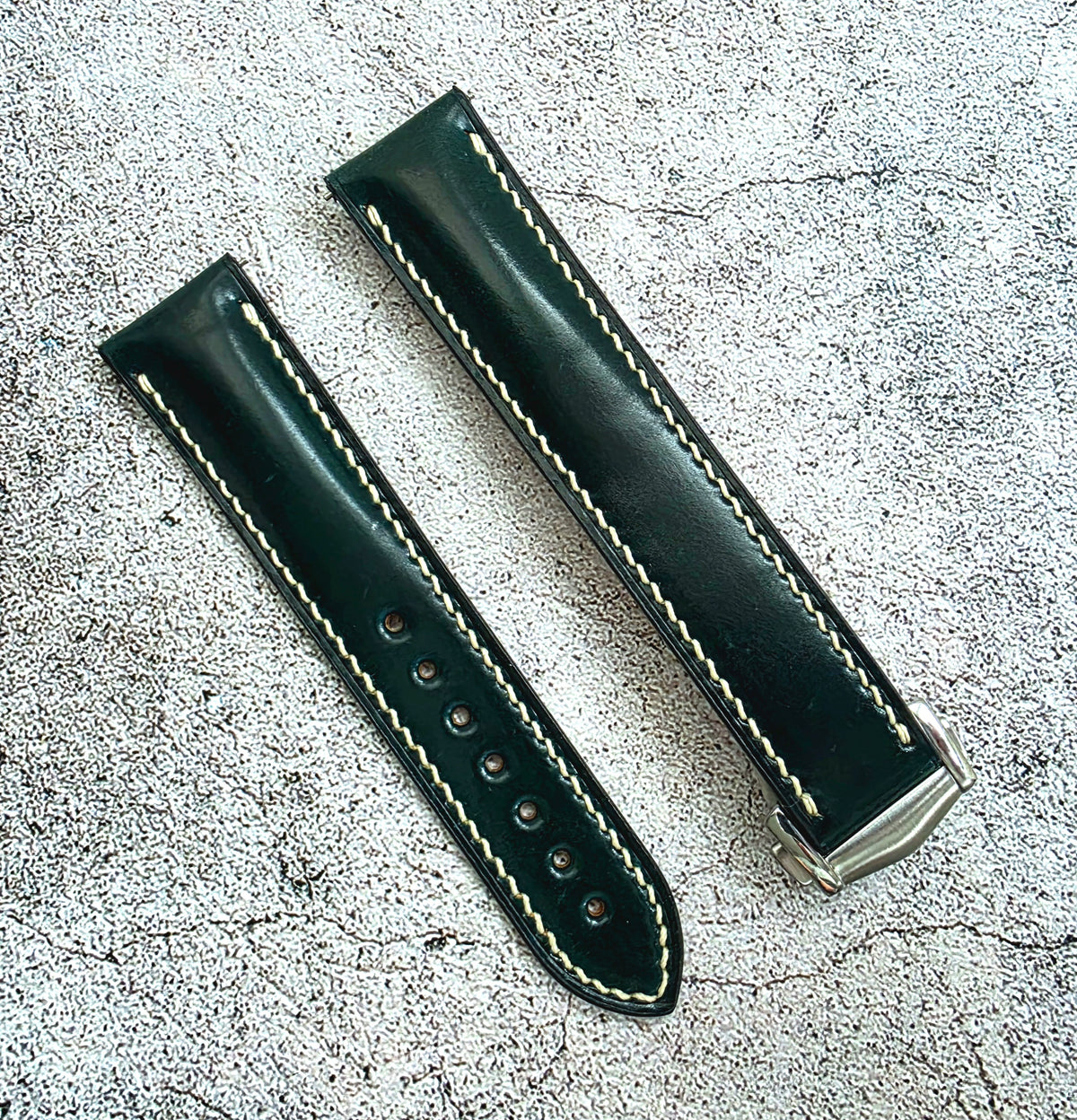 Shell Cordovan Hand Stitched Deployant Leather Strap 20mm Dark Green