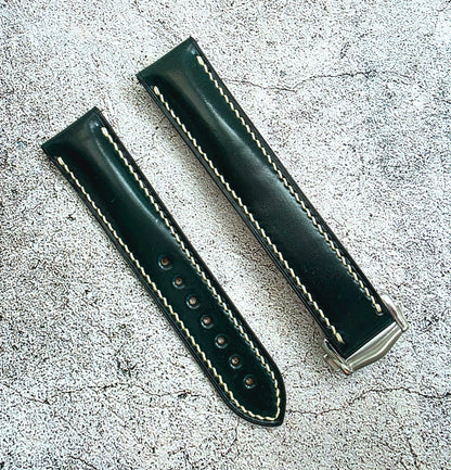 Shell Cordovan Hand Stitched Deployant Leather Strap 20mm Dark Green