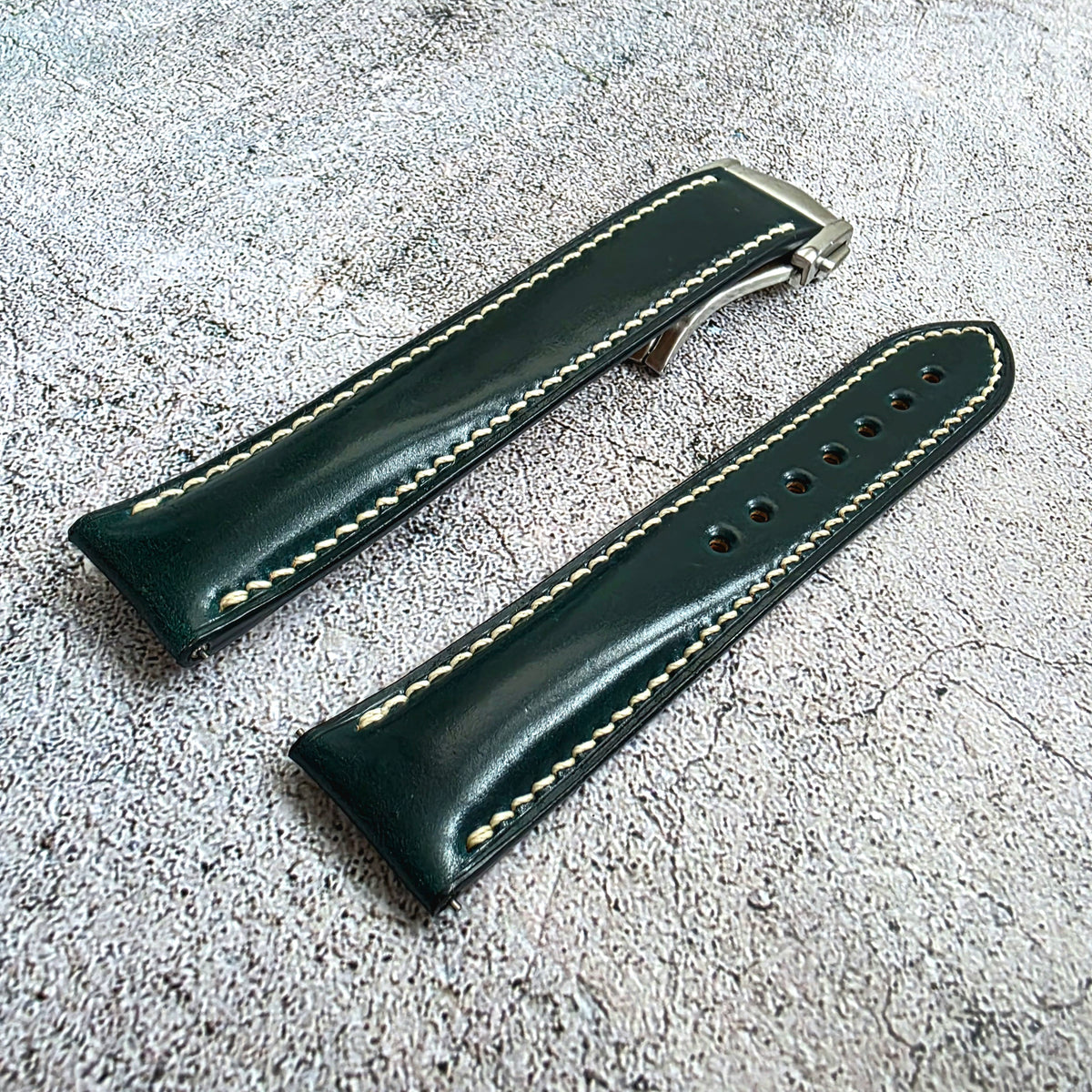 Shell Cordovan Hand Stitched Deployant Leather Strap 20mm Dark Green