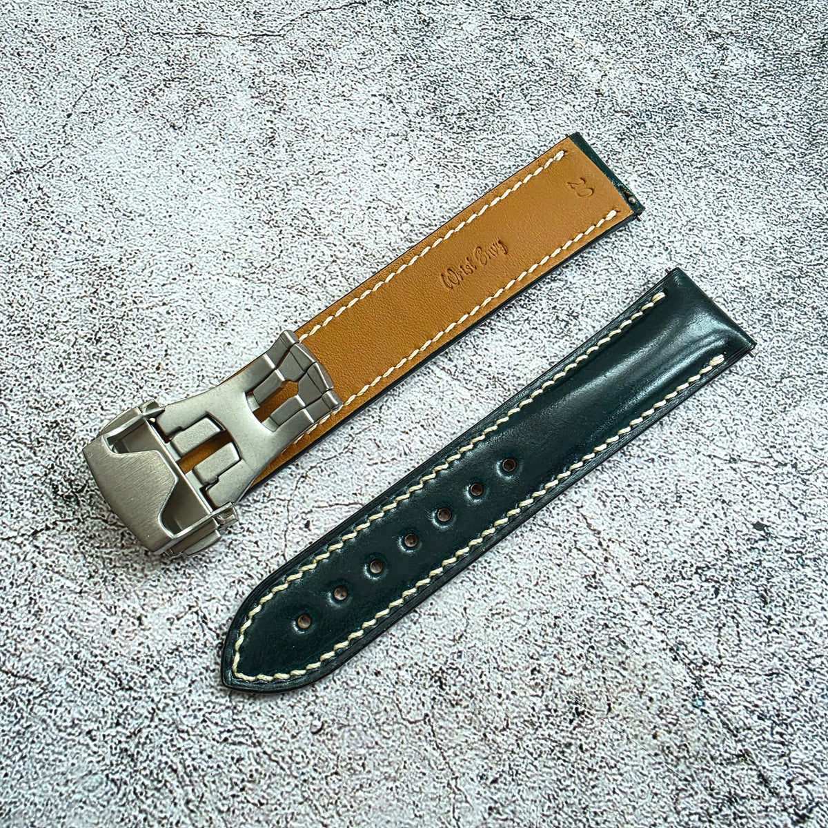 Shell Cordovan Hand Stitched Deployant Leather Strap 20mm Dark Green