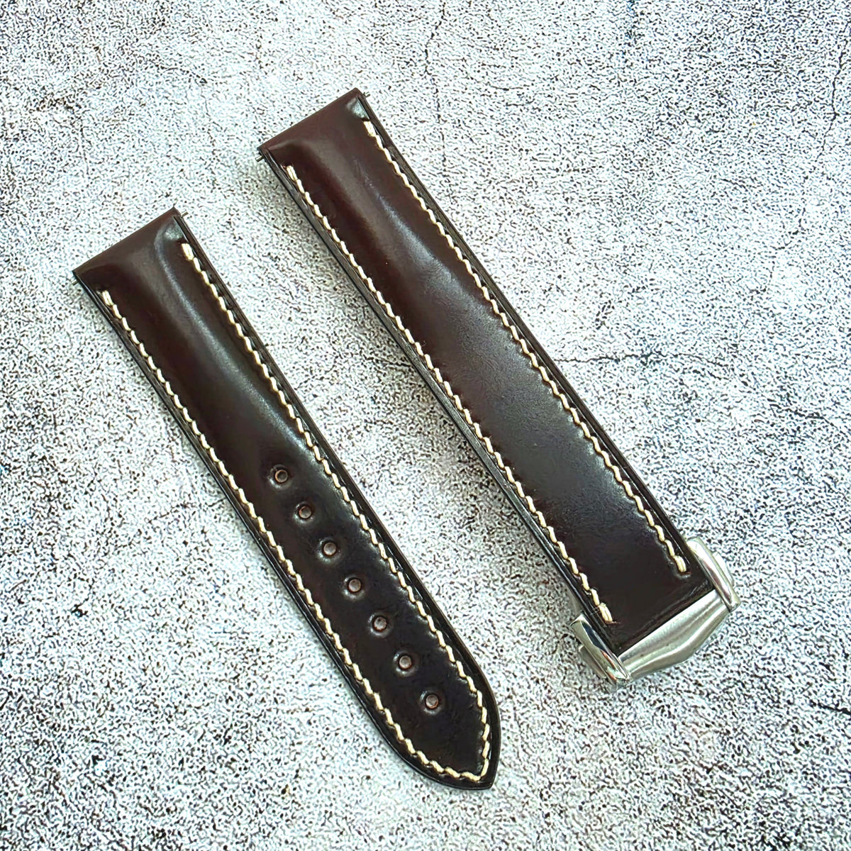 Shell Cordovan Hand Stitched Deployant Leather Strap 20mm Burgundy Bordeaux