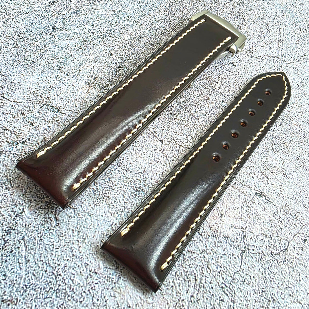 Shell Cordovan Hand Stitched Deployant Leather Strap 20mm Burgundy Bordeaux