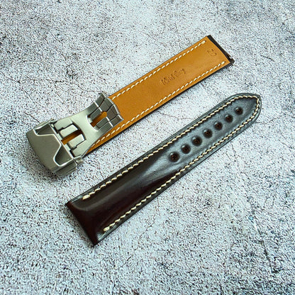 Shell Cordovan Hand Stitched Deployant Leather Strap 20mm Burgundy Bordeaux