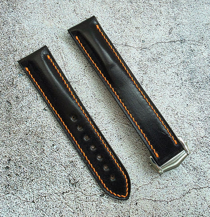 Shell Cordovan Hand Stitched Deployant Leather Strap 20mm Black Orange
