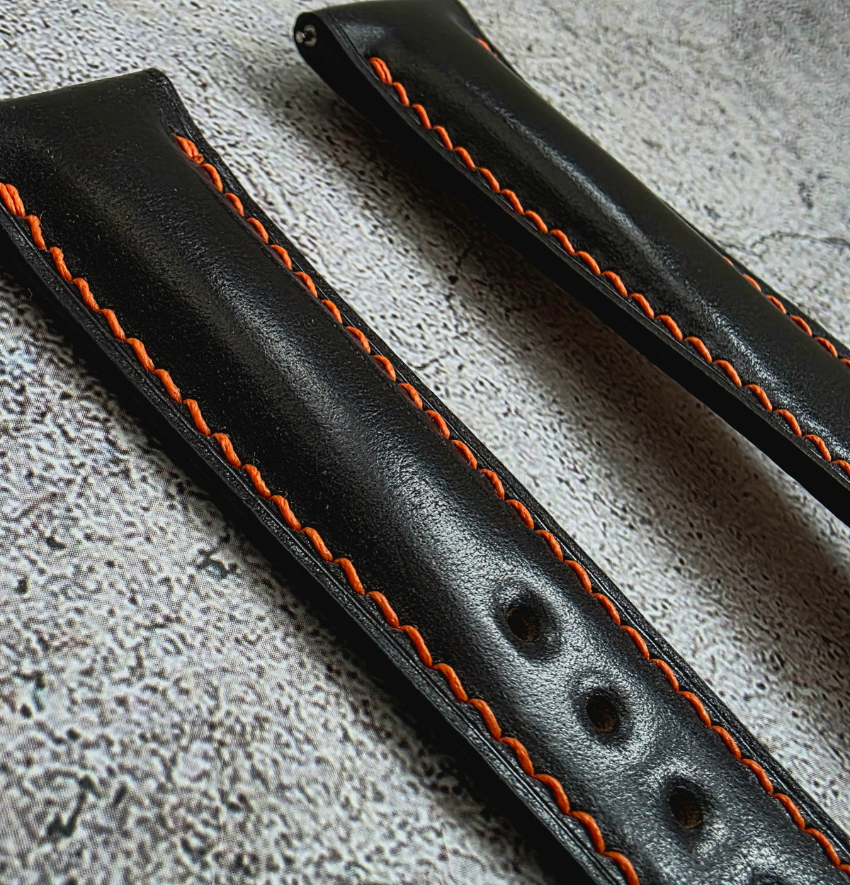 Shell Cordovan Hand Stitched Deployant Leather Strap 20mm Black Orange