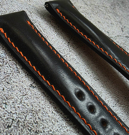 Shell Cordovan Hand Stitched Deployant Leather Strap 20mm Black Orange