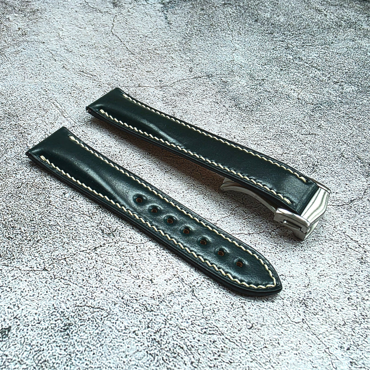 Shell Cordovan Hand Stitched Deployant Leather Strap 20mm Dark Green