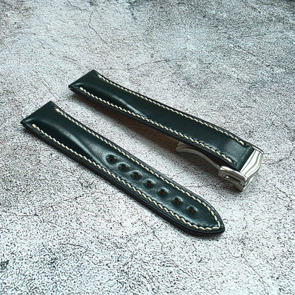 Shell Cordovan Hand Stitched Deployant Leather Strap 20mm Dark Green