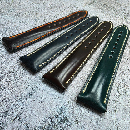 Shell Cordovan Hand Stitched Deployant Leather Strap 20mm Dark Green