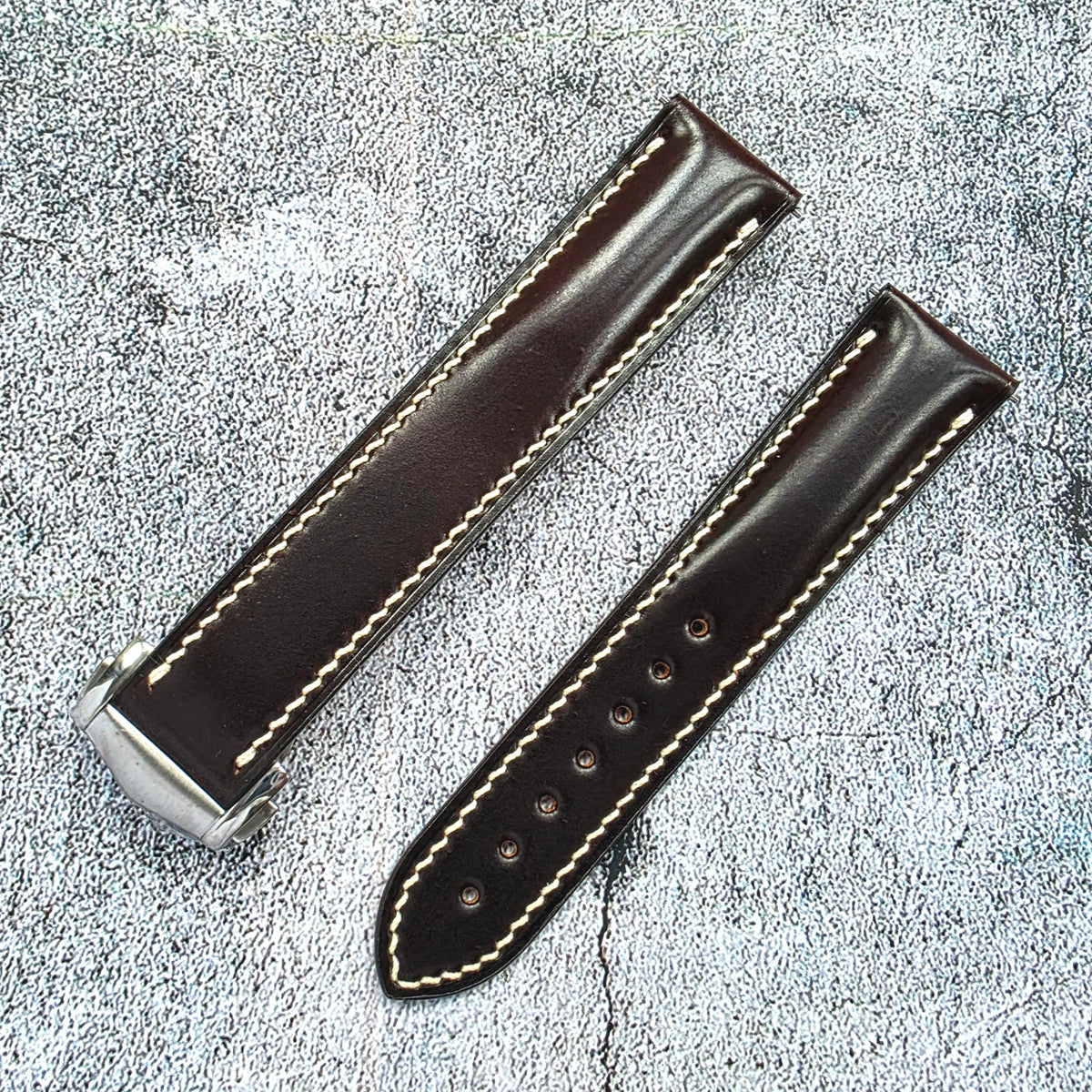 Shell Cordovan Hand Stitched Deployant Leather Strap 20mm Burgundy Bordeaux