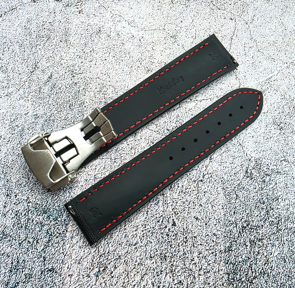 Sailcloth Deployant Watch Strap Band 20mm Black Red