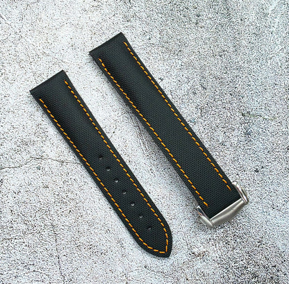 Sailcloth Deployant Watch Strap Band 20mm Black Orange