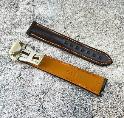 Shell Cordovan Hand Stitched Deployant Leather Strap 20mm Black Orange
