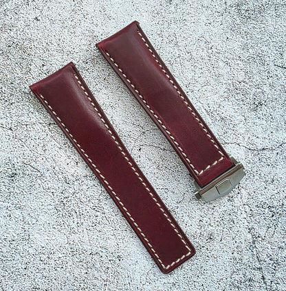 Horween Chromexcel Hand Stitched Leather Deplyant Strap For Tag Heuer 22mm Burgundy