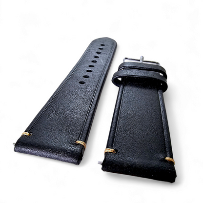 Vegetable Tanned Flat Italian Leather Watch Strap 20mm 22mm Washed Black