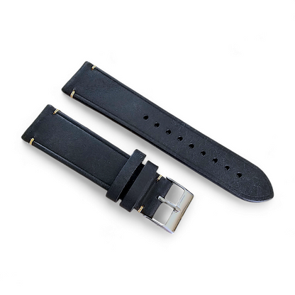 Vegetable Tanned Flat Italian Leather Watch Strap 20mm 22mm Washed Black