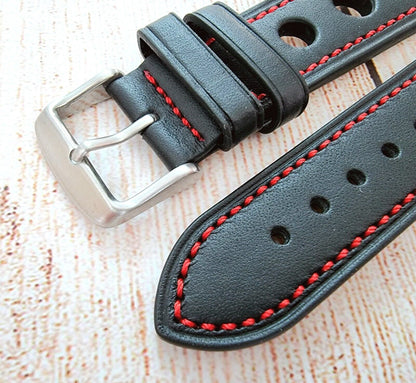 Premium Leather Hole Punched Watch Strap Band 18mm 20mm 22mm 24mm Flat Black Red
