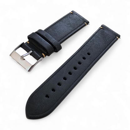 Vegetable Tanned Flat Italian Leather Watch Strap 20mm 22mm Washed Black