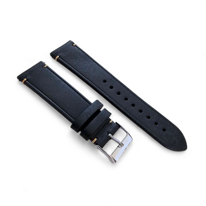 Vegetable Tanned Flat Italian Leather Watch Strap 20mm 22mm Washed Black