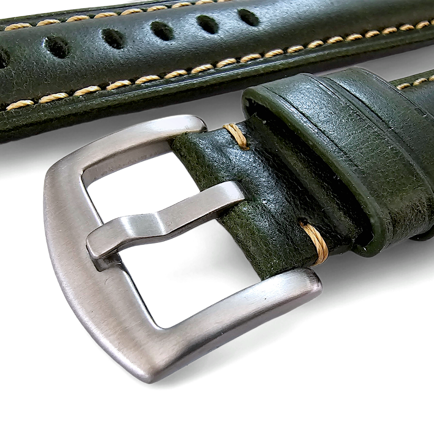 Vintage Cracked Leather Watch Strap Band Padded Two Piece Dark Green 20mm 22mm