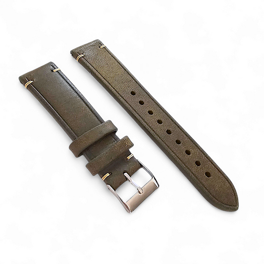 Vegetable Tanned Flat Italian Leather Watch Strap 20mm 22mm Olive Green