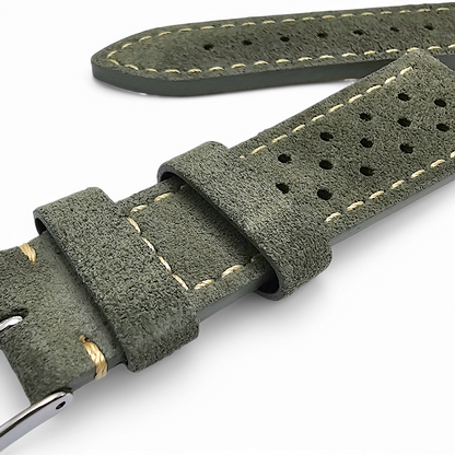 Italian Suede Rally Watch Strap 20mm 22mm Mens Olive Green